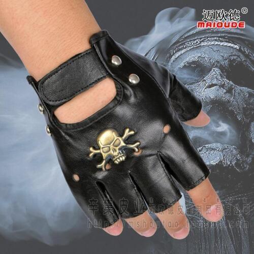 Mens fashion skull rivet gloves semi-finger hip-hop genuine leather punk gloves sports tactical sheepskin leather glove