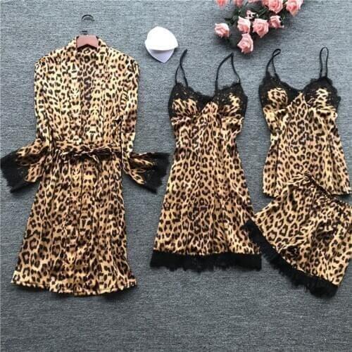 New Fashion 4 Piece Pajamas Set Leopard Print Sleepwear Artificial Silk Robe With Chest Pad Sleepwear