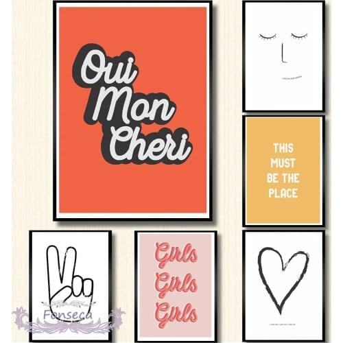 French Letter Oui Mon Cheri Quotes Poster Wall Art Print Pictures Modern Minimalist Heart Face Finger Canvas Painting Home Decor