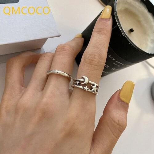 QMCOCO 925 Silver Star Moon Double Layer Zircon Ring Female Simple Sweet Temperament Trend Fashion Gorgeous Jewelry