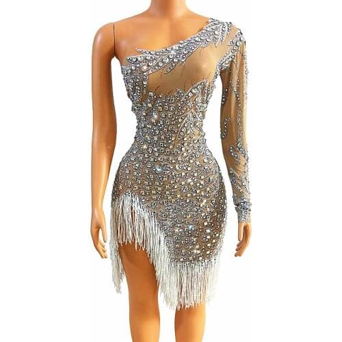 Sexy Single Shoulder Tassel Silver Rhinestone Dress Fringes Transparent Dress Stage Performance Costumes Festival Outfits DN8675