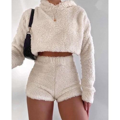 Casual Womens Tracksuit solid autumn winter Plush long sleeve Hoodie Sweatshirt Shorts two piece set Sports Female Suit