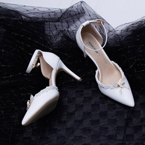 French Mori White Pointed Hollow Banquet A- line with High Heels Bow Flower Pretty Girl Bridesmaid Shoes New