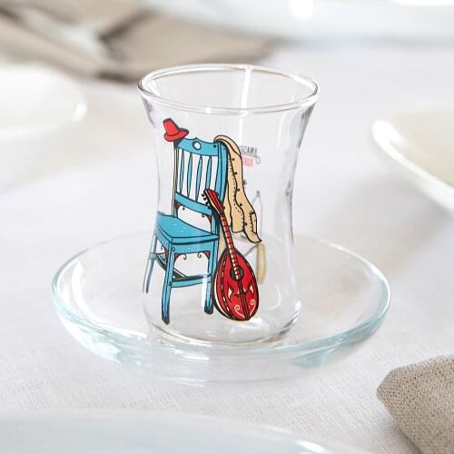 Turkish pasabahce tea glass and tea cup saucer set high quality the same designs transparent surface permanent colorful printed home glasses