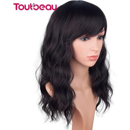 Medium Long Dark Brown Wavy Wigs For Black Women Black Mix Brown Synthetic Wigs With Bangs Natural Looking Curly Hair Wigs
