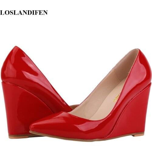 14 Colors All-match Women Patent Leather Wedge Shoes Autumn Pointy Toe Shallow Pumps Concise High Heels 10cm Ladies Office Shoes