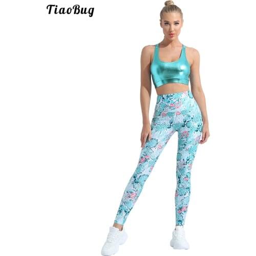 Women Summer Print Sportsuit Sleeveless Round Neckline Mesh Racer Back Without Padded Crop Top And Legging Sets For Yoga Fitness