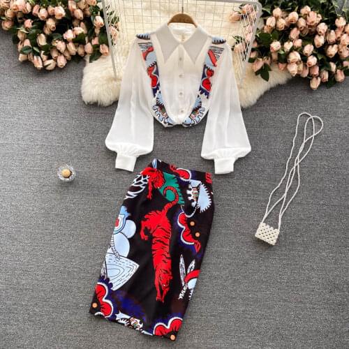 Runway Fashion Office Lady Two Piece Skirts Sets Woman Long Sleeve Shirt + Flower Print Package Hip Midi Skirts Suits M61307