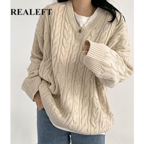 REALEFT New Autumn and Wnter New Korean Style Lazy Retro Twist Warmth Pullover Long-sleeved Sweater Women