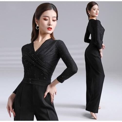 Modern Dance Top Female V-Neck Waltz Long-Sleeved Black Shirts 2021 New Latin Dance Practice Clothes Ballroom Costumes DQS7871