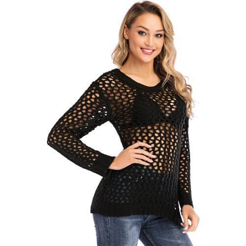 AECU Women Knitted Top Pullover Sexy Loose Hollow Long Sleeve O Neck Top Sweater Female Perspective Koszulka Womens Knitwear