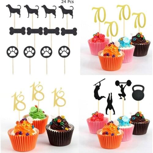 24Pcs/set Cute 18/70th Cake Toppers Gym Theme Cake Toppers Picks Cupcake Adornment Party Favors for Fitness Party Decor Supplies