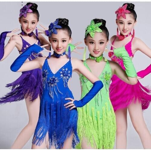4 Color Children Latin Dance Competition Dress Flower Tassel Sling Dresses For Girls Professional Ballroom Dance Clothes DWY2846