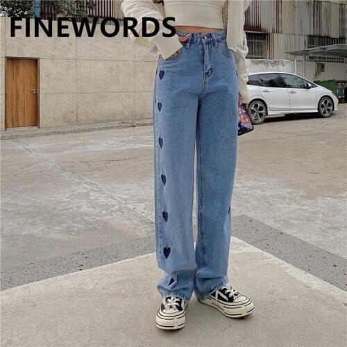 FINEWORDS Side Heart Embroidery High Waist Jeans Women Loose Casual Korean Straight Jeans Streetwear Retro Blue Loose Denim Pant