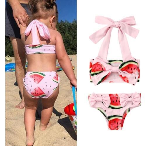 2020 Infant Baby Kids Girls Bow Swimwear Bikini Sets Watermelon Print Swimsuit Swimming Swim Bathing Age 1-6Y