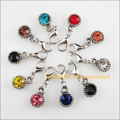 Fashion 10Pcs Tibetan Silver Tone Flower Retro Mixed Round Crystal 8.5x13mm With Lobster Claw Clasps Charms