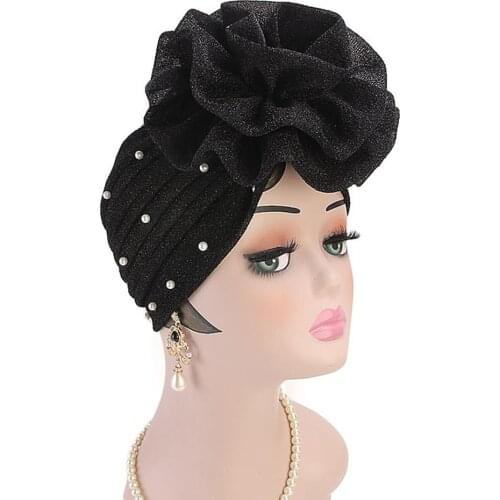 Fashion Women Cap Muslim Cotton Faux Pearl Decor Big Flower Women Muslim Hijab Turban Hat Head Wrap Cap