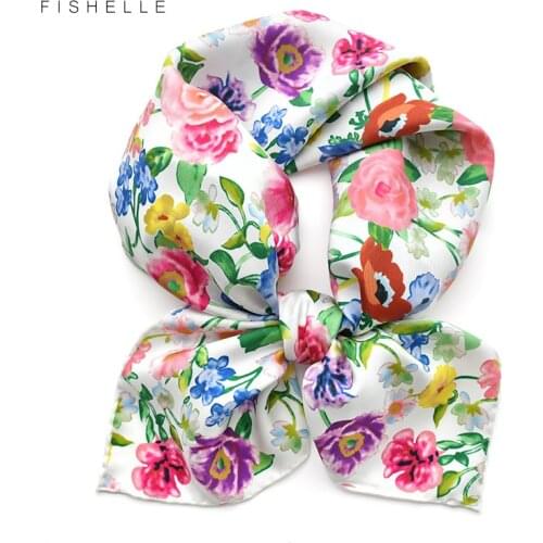 Fashion hijab pure twill silk scarf for women printing flower 65cm square bandana foulard ladies hair scarves headscarf warp