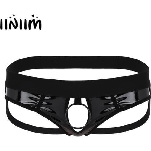 Iiniim Mens Erotic Lingerie Gay Panties Open Crotch Hollow Out Jockstrap Low Rise Bikini G-string Underwear with Metal Cock Ring