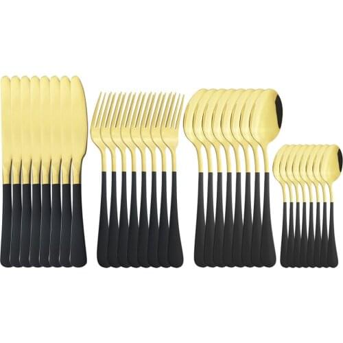 8Set/32Pcs Black Gold Dinnerware Cutlery Set Dinner Knives Fork Spoons Tableware Stainless Steel Flatware Kitchen Silverware Set