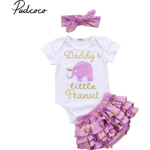 Pudcoco 2020 Summer Toddler Baby Girl Clothes Sets Elephant Rompers+Tutu Pants Ruffled Shorts+Headbands 3Pcs Outfits Clothing