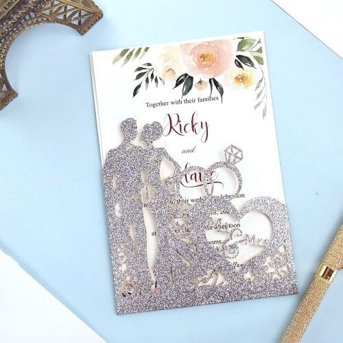 50X Silver Bridal Shower Invitation DIY Glitter Groom & Bride Wedding Party Cards Red Champagne Gold Hollow Anniversary Invites