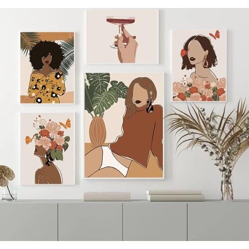 Tropic Floral Head Woman Print African Black Skin Girl Canvas Painting Cocktail Plants Poster Boho Wall Art Pictures Room Decor