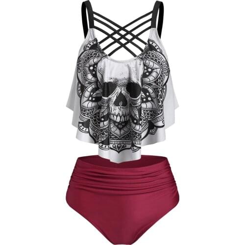 Wipalo Skull Flower Print Criss-Cross Padded Tankini Set Two Piece Swimsuit Girl Beach Bathing Suit Swimwear Biquinis Plus Size