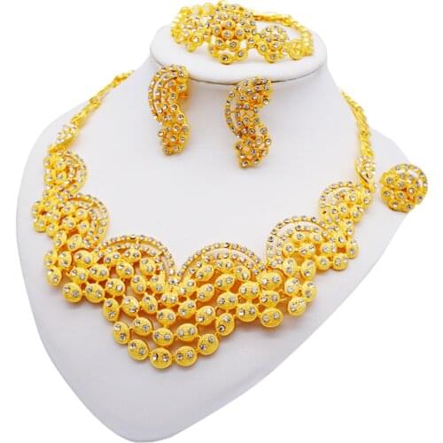 Nigeria Dubai Gold Color Jewelry Sets African Bridal Wedding Gifts Party For Women Crystal Necklace Earrings Bracelet Ring Set