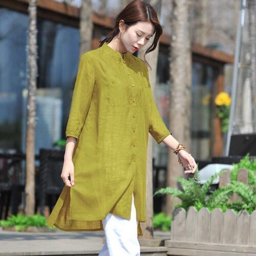 2019 Spring Summer Casual Womens Green Orange 3/4 Sleeve Long Linen Tops And Blouses , Korean Embroidered Top Blouse For Women