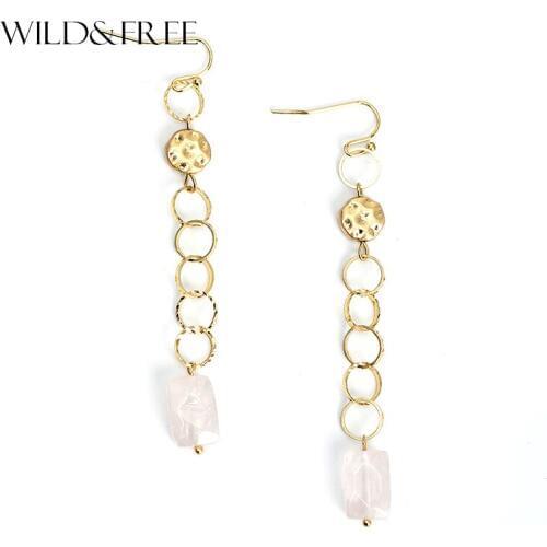 WILD & FREE Women Trendy Pink Natural Stone Drop Earrings Gold Metal Hook Long Dangle Earrings for Women Jewelry