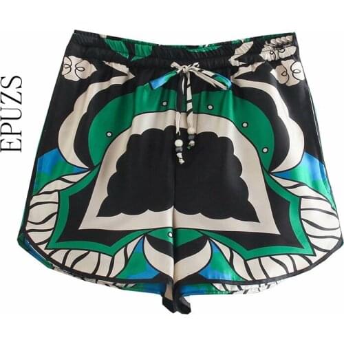 ZA 2021 Printed Drawstring Shorts women Vintage High Elastic Waist mini shorts Female Short Pants Streetwear summer shorts