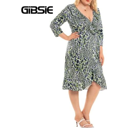 GIBSIE Plus Size V Neck Ruffle Trim Print Dress Women Summer 3/4 Sleeve Midi Dresses Elegant Office Lady Slim Bodycon Dress