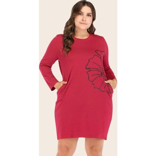 Spring Autumn Women Clothing L To 5XL Plus Size Dress Printed O-neck Long Sleeve Mini Casual Summer Dresses TA436