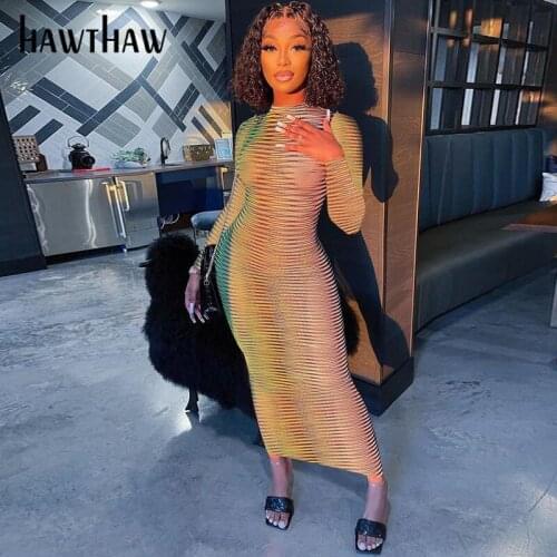 Hawthaw Women Fashion Autumn Long Sleeve Gradient See Through Bodycon Printed Green Long Dress 2021 Fall Clothes Wholesale Items