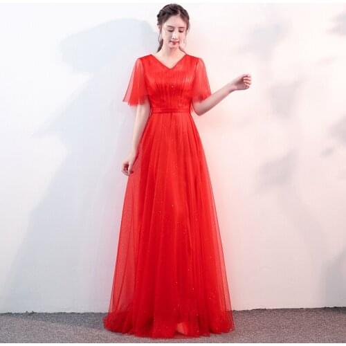 Red V-Neck Elegant Evening Dress Simple Short Sleeves Empire A-Line Pleat Floor-Length Sequins Woman Formal Party Gowns A1324