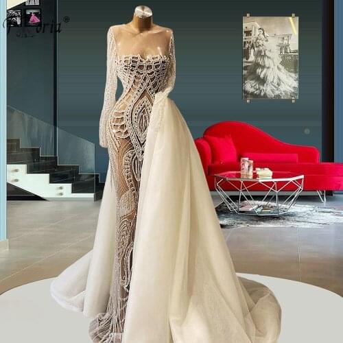 Robe De Soiree See Through Pearls Beading Evening Dresses Detachable Train Muslim Dubai Plus Size Custom Made Prom Gowns