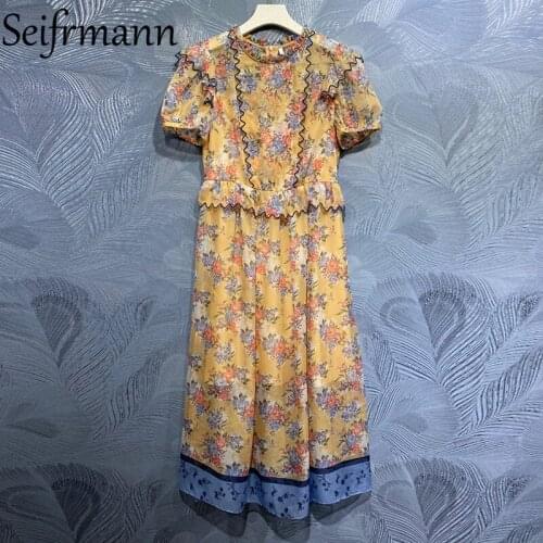 Seifrmann New 2021 Summer Women Fashion Runway Party Midi Dress Lantern Sleeve Ruffles Floral Printed A-Line Dresses Vestidos