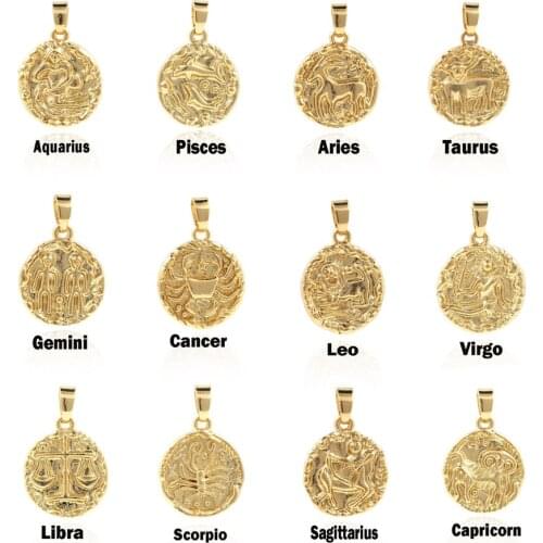 Gold Zodiac Necklace, Constellation Charm, Astral Charm, Round Gold Coin Bracelet, DIY Jewelry Accessories 14x11x2mm
