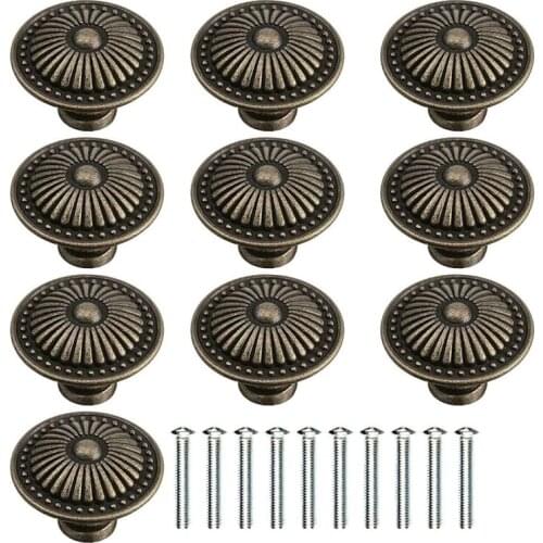 10PCS, Vintage Antique Brass Vintage Handle with Patterned Round Knobs, Used for Furniture, Kitchen Doors and Cupboards