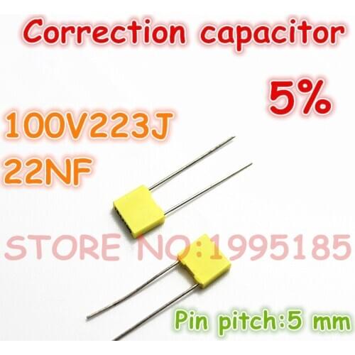 100pcs/lot correction Capacitor 100V223J 22NJ100 22NF 5% Metallized polyester film capacitor Pin pitch 5 mm