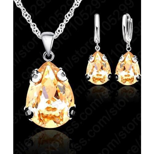 14 Colors! New Hot 925 Sterling Silver With Austria Crystal Water Drop Necklace Earring Jewelry Set