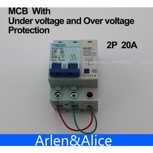 2P 20A 400V~ 50HZ/60HZ MCB with over voltage and under voltage protection Mini Circuit breaker