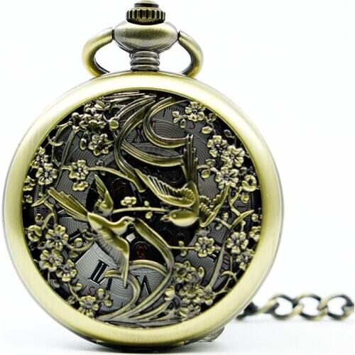 5pc/lot Hot New Steampunk Retro Bronze Hollow Birds Romen Number Mechanical Pocket Watch Men Women Watch PJX1300