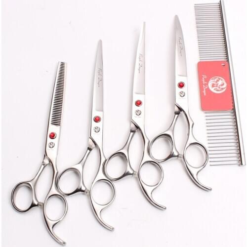 5Pcs Suit 7 inch 19.5cm Silver Professional Pets Hair Grooming Scissors Comb + Cutting&Thinning Shears+ UP&Down Curved
