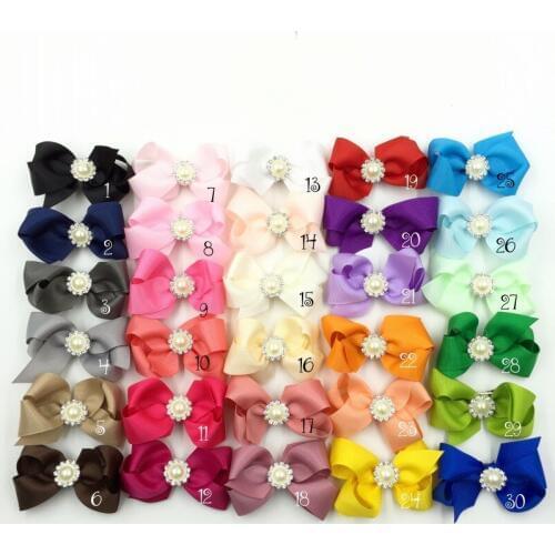50pcs/lot 7.6cm 30colors Handmade Grosgrain Bows+Pearl Buttons Ribbon Boutique Flower Bows+Clip For Kids Girls Hair Accessories