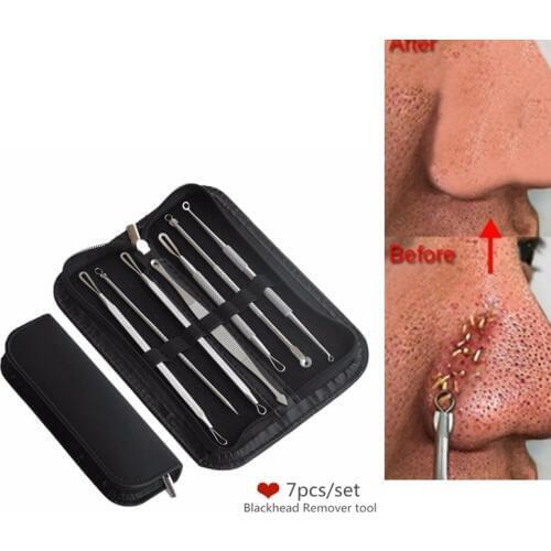 7Pcs Acne Remover BlackheadTool Kit Face Skin Care Tools Facial Spot Comedone Needle Clip Pimple Tweezer Blemish Extractor Bag
