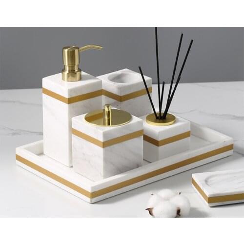 Bathroom Accessories Marble Soap Dispensers/Dish Toothbrush Holder Gargle Cups Tray Wedding Gifts Gold Head White Sales By Piece