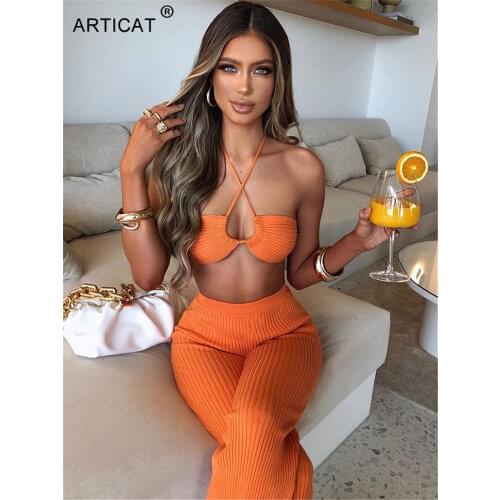 Articat Casual Backless Two Pieces Sets Women Sexy Halter Hollow Out Top Long Flare Pant Suit Party Outfits Strapless Tracksuit