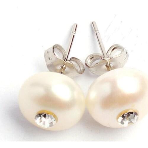 Free shipping Fashion beautiful 6x10mm Natural White Freshwater Pearl Crystal Silver Earrings